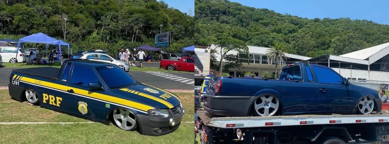 VW Saveiro rebaixada com pintura da PRF é apreendida em operação